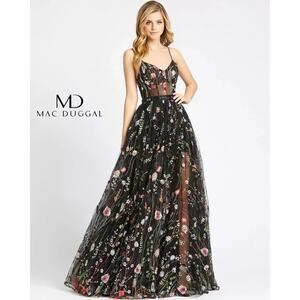 Floral Embroidered Spaghetti Strap Gown - Black